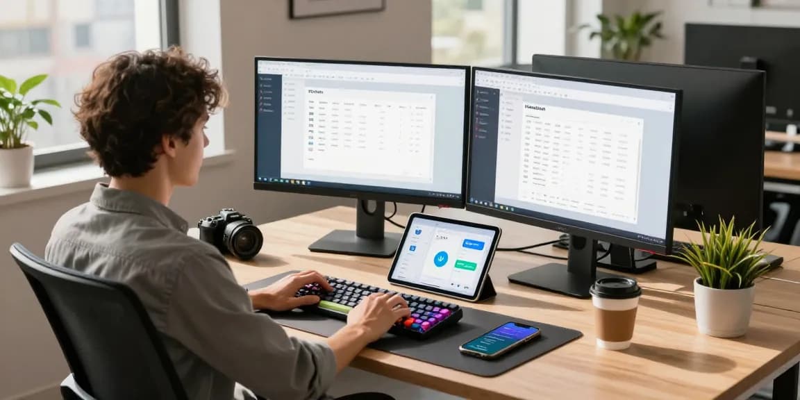 Professional workspace with software engineer using WPS Download tools on dual monitors, showcasing productivity.