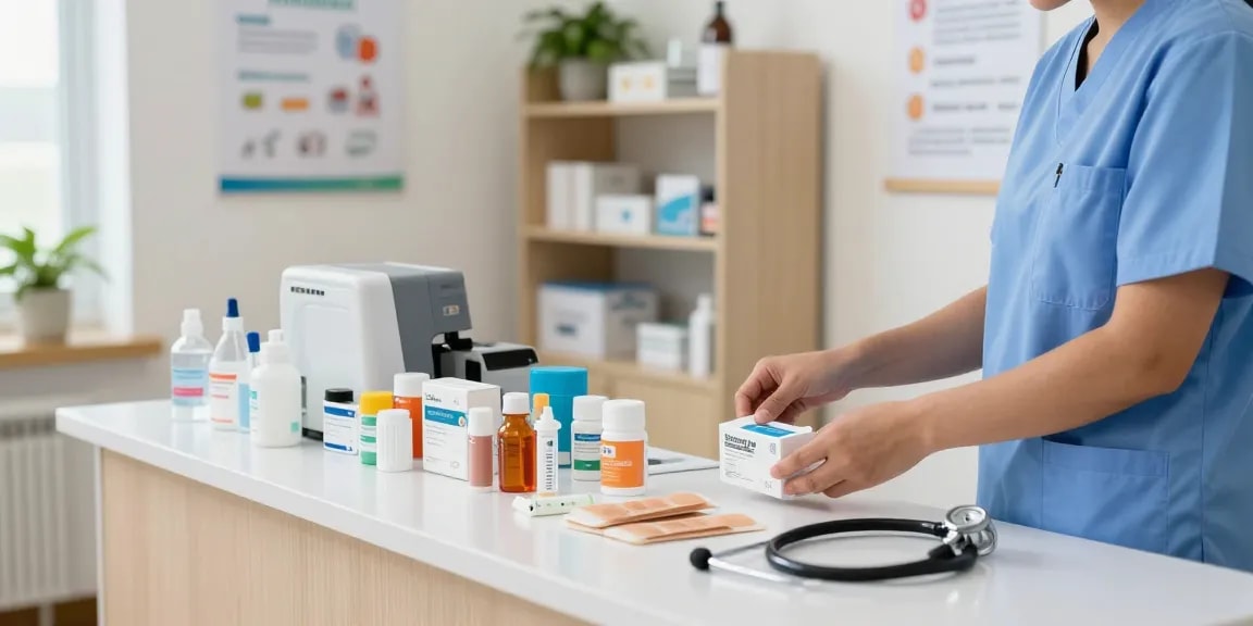 Medical supplies organized by a healthcare professional in a bright clinic setting, showcasing essential items for patient care.