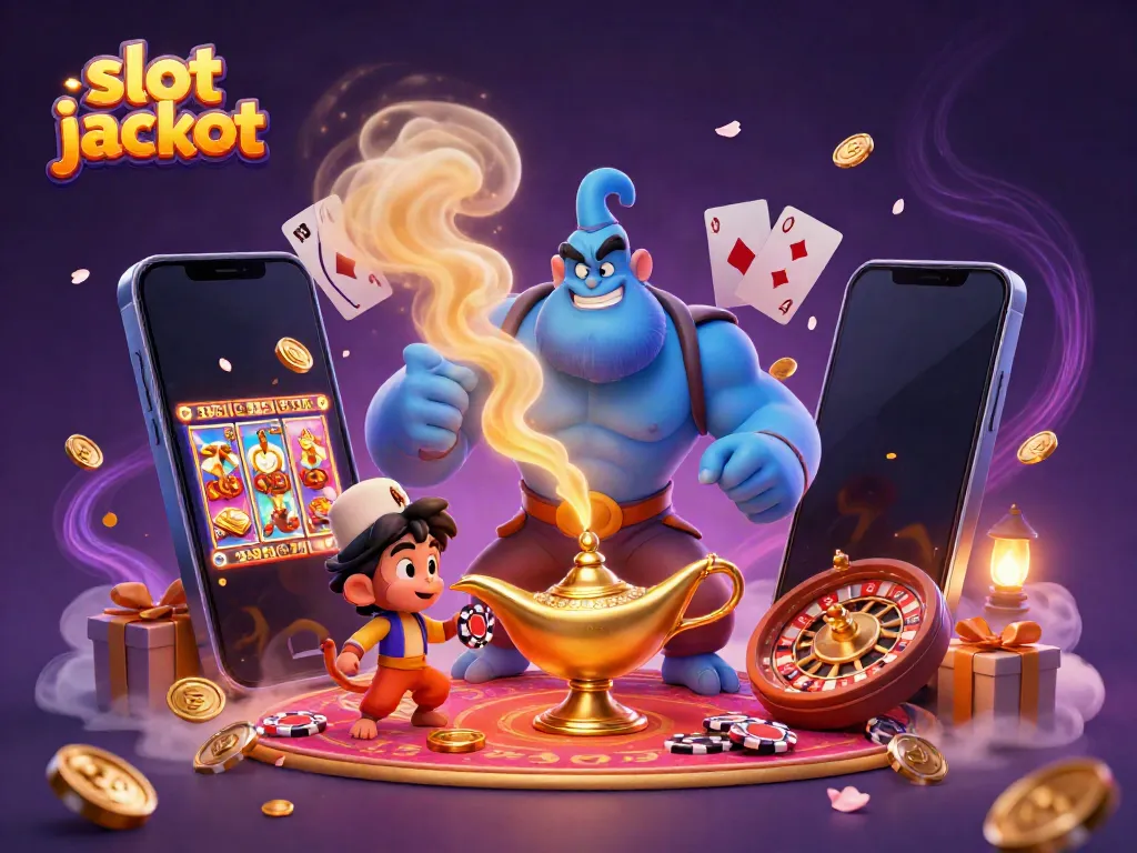 Experience the thrill of slot jackpot wins with a captivating Genie and magical elements in this vibrant illustration.