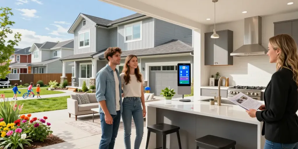 Exploring Edmonton homes for sale, modern couple touring a stylish home with bright interiors and landscaped yard.
