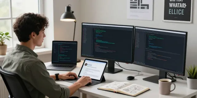 Developer coding for GBApps in a modern workspace with multiple monitors