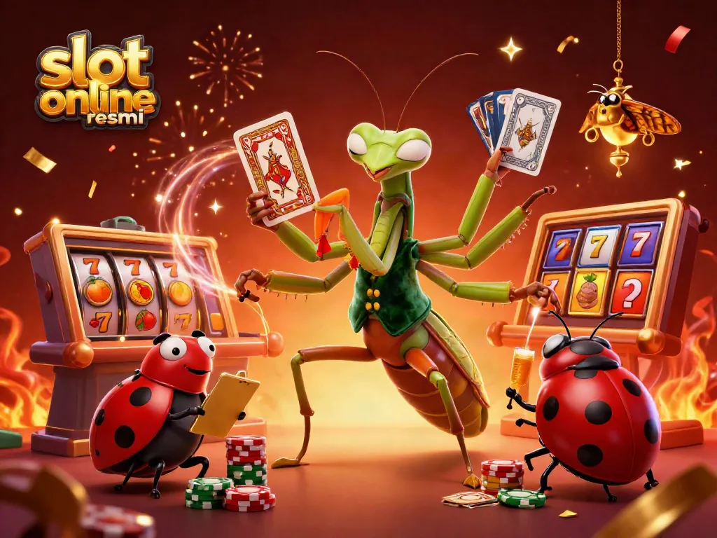 Spin and win with slot online resmi featuring a dynamic 3D casino scene filled with characters and festive elements.