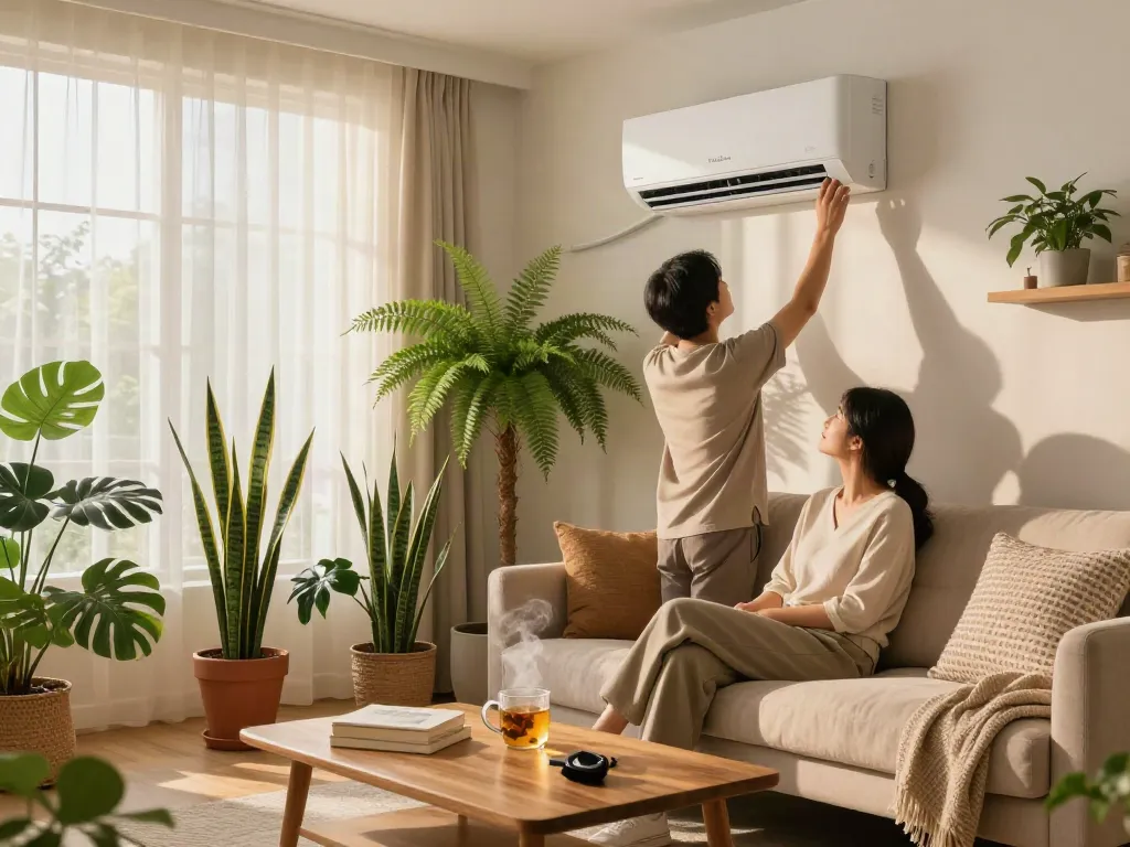 Ductless air conditioner in a cozy living room, demonstrating lifestyle comfort and design.