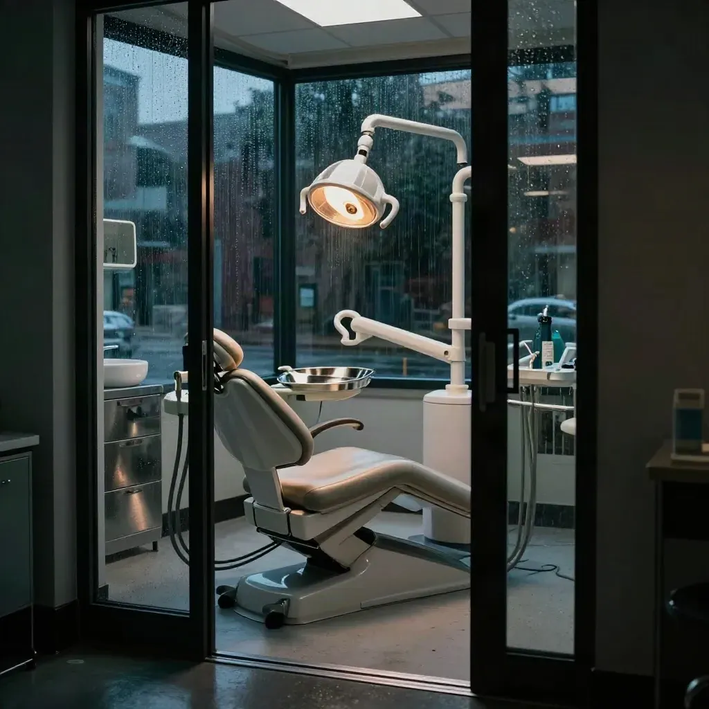 Rainy Toronto dental operatory with chair, lamp, tray, sink, and moody morning light.