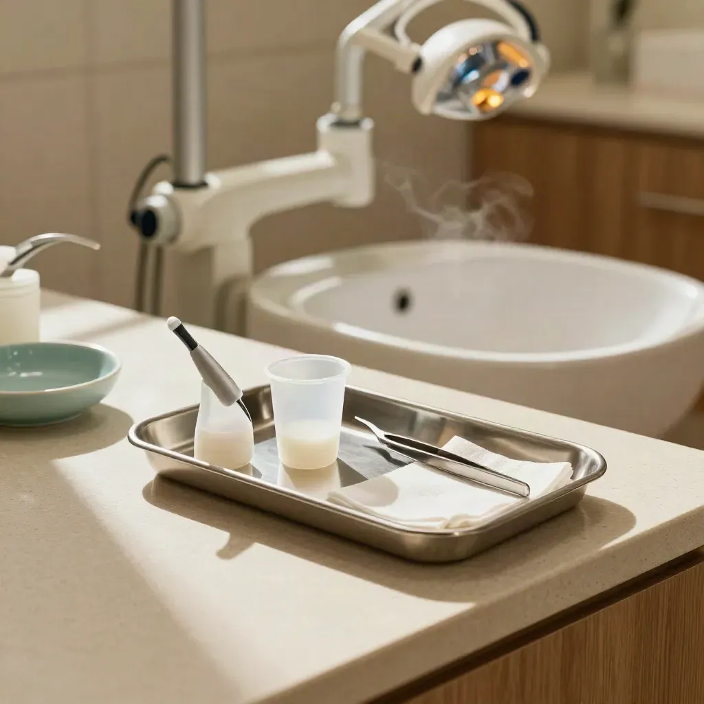 Dental hygiene tray with scaler tip, prophy cup and sink basin in a warm treatment room.
