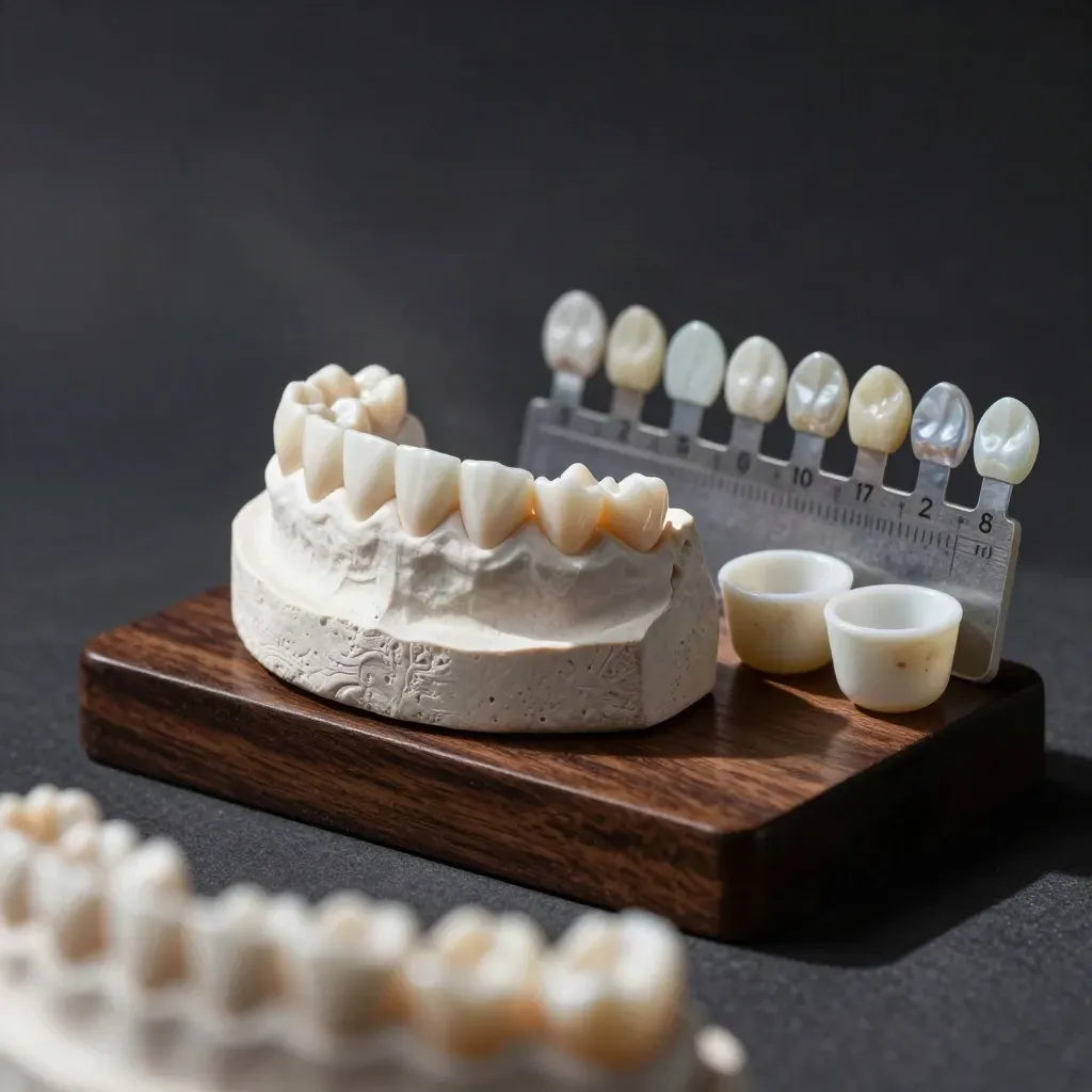 Porcelain dental crown on stone tooth form with shade guide and polishing cups in a dramatic dark setting
