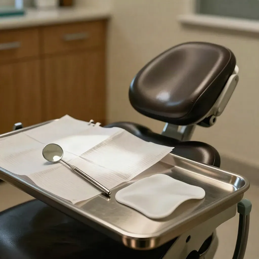 Dental exam chair with bib, mirror, x-ray sleeve, and overhead light in a quiet operatory.