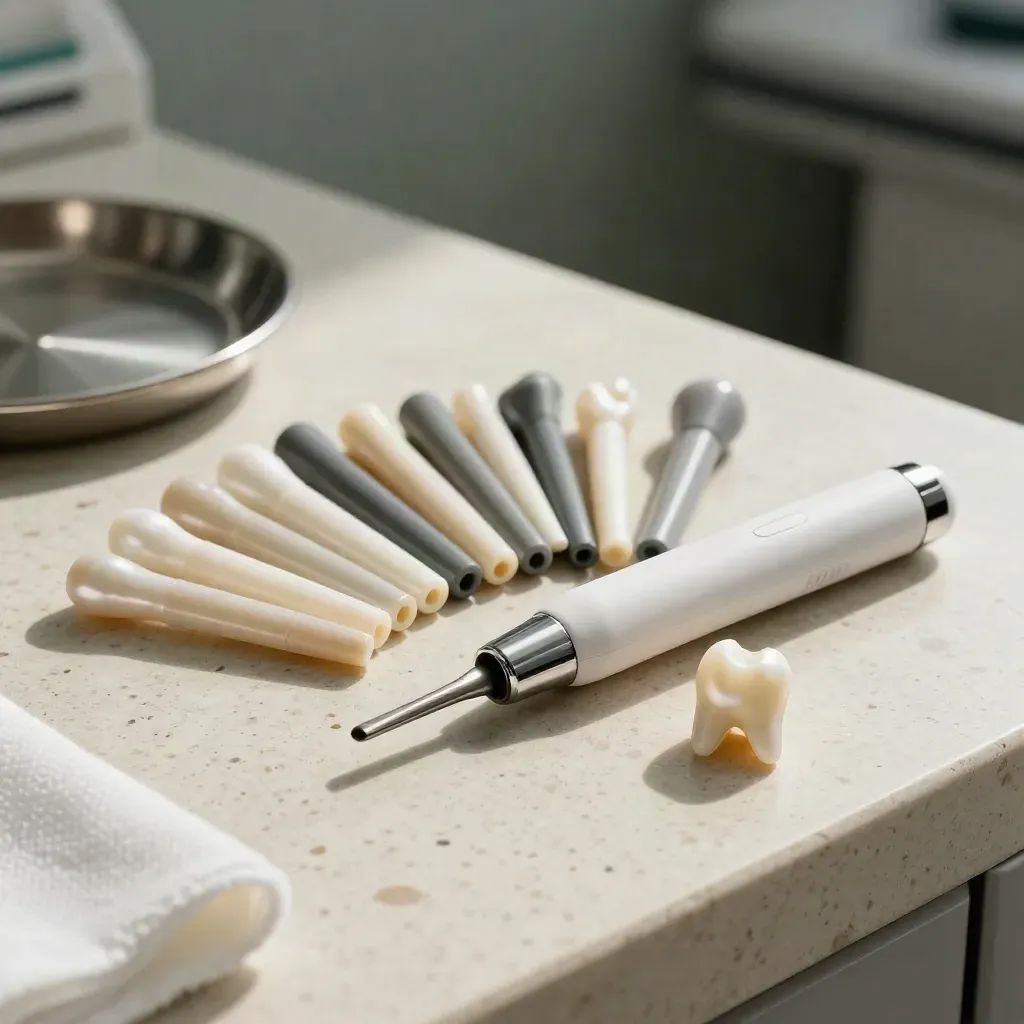 Composite filling tools and a repaired ceramic tooth model on travertine in soft clinical light.