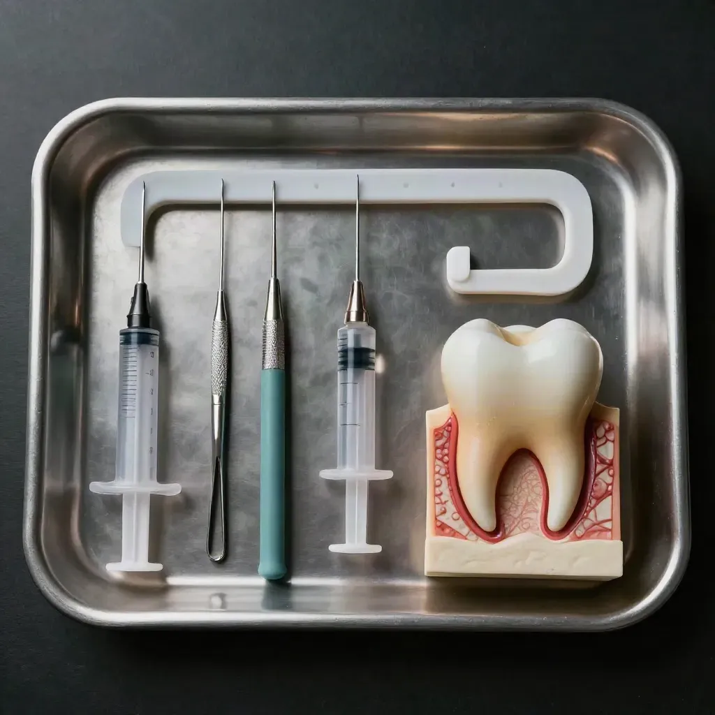Root canal tools and a cleaned tooth model on a stainless tray, lit dramatically from above.