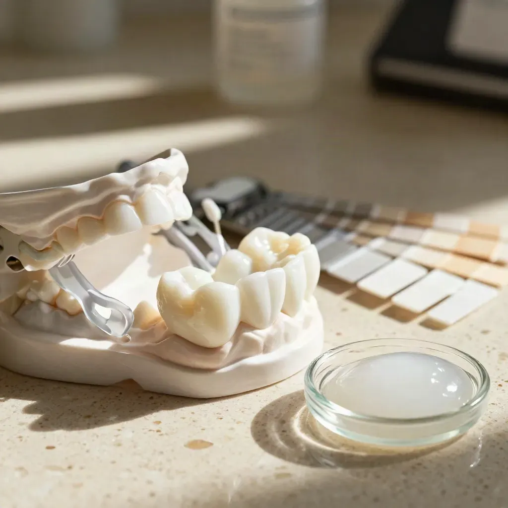 Macro of whitening trays, shade tabs, ceramic tooth model, and gel on travertine.