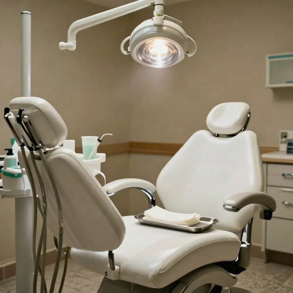 Macro view of a reset dental operatory with chair, tray, exam light and x-ray arm