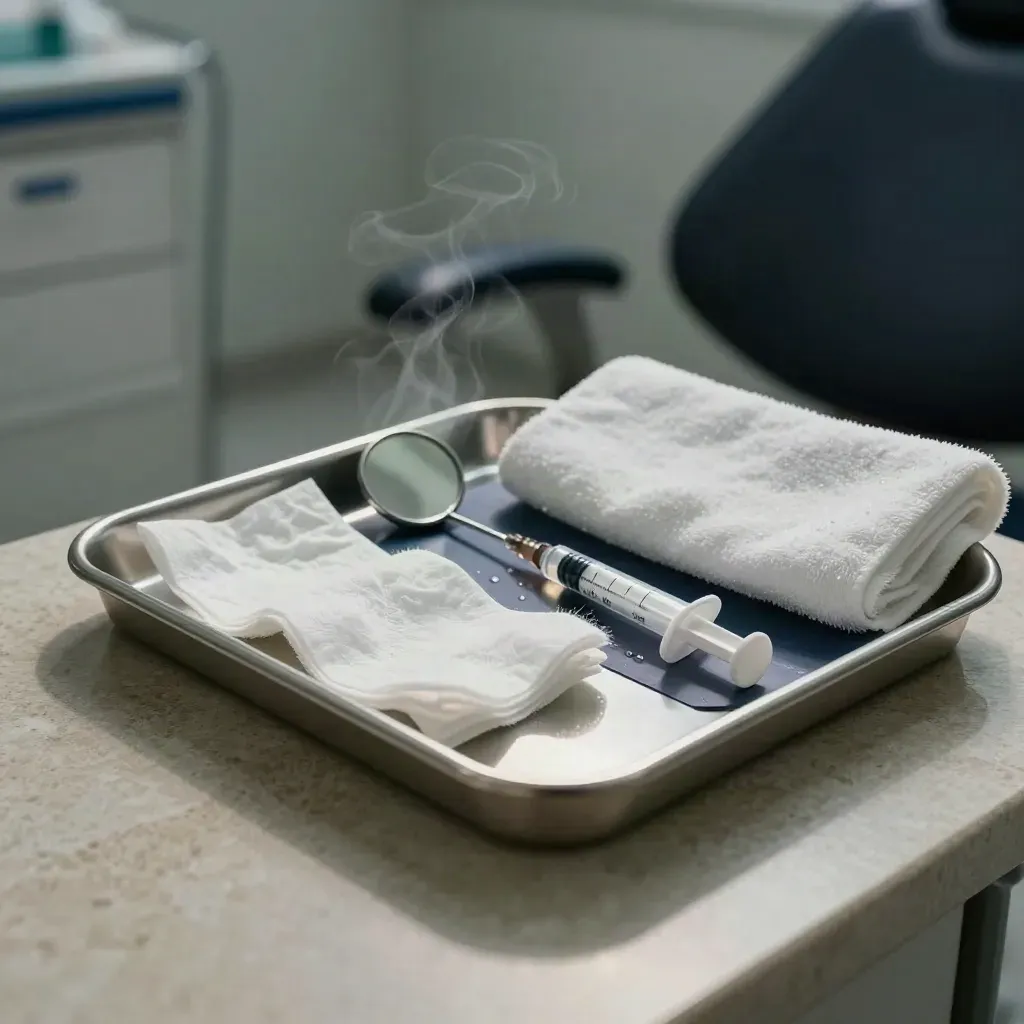 Emergency dental tray beside a resting chair, with gauze, mirror, cold compress, and syringe.