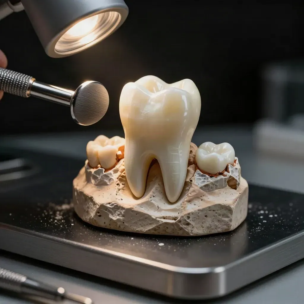 Porcelain crown beside a raw tooth form and polishing wheel in a dark dental lab.