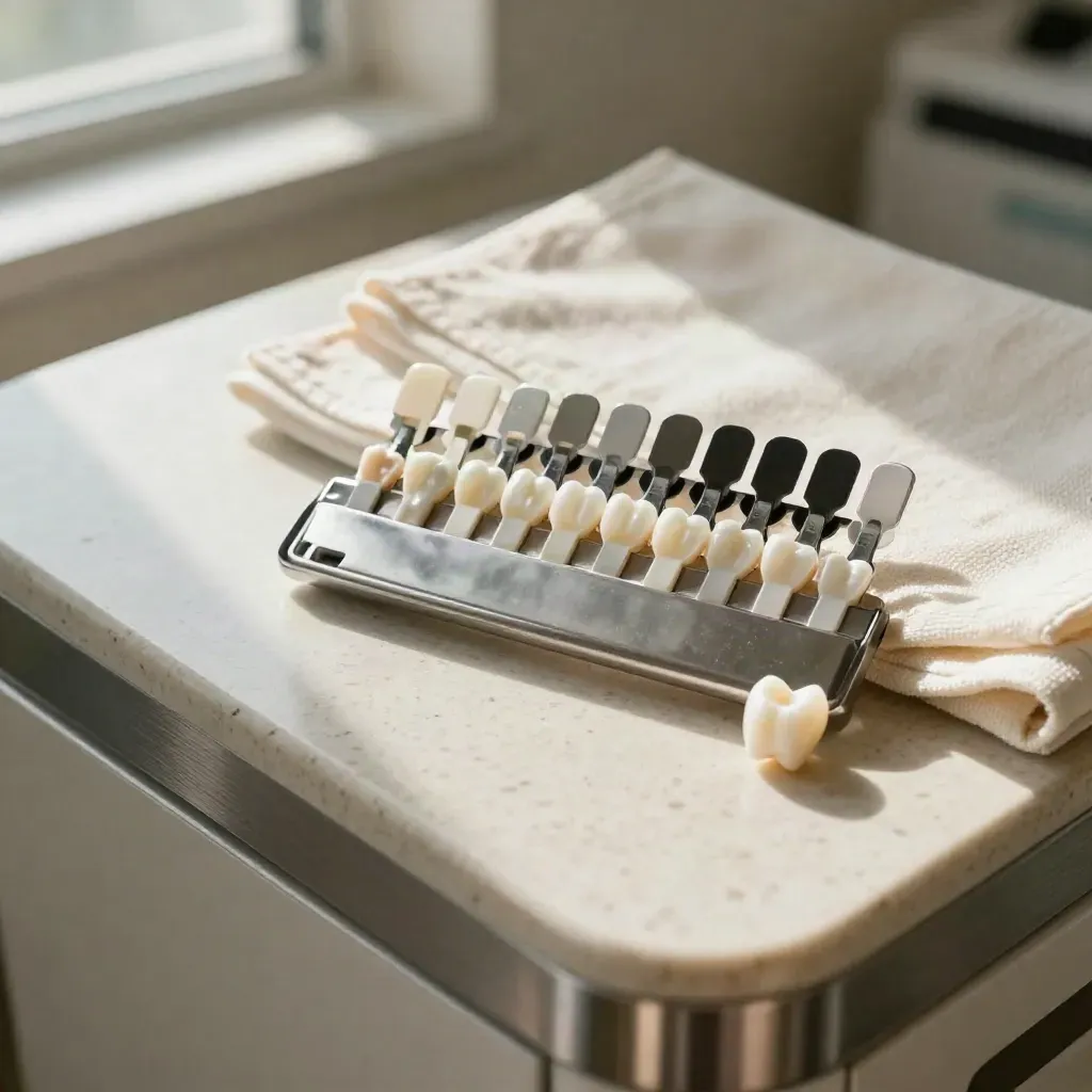Dental whitening trays, shade guide and ceramic tooth on a clinic counter in soft daylight.