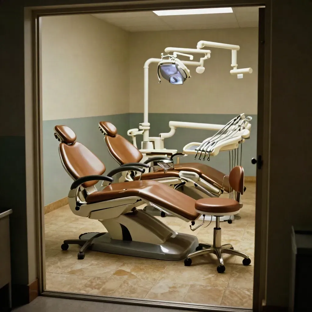 Four dental chairs lined in a clean clinic doorway, ready for family checkups.