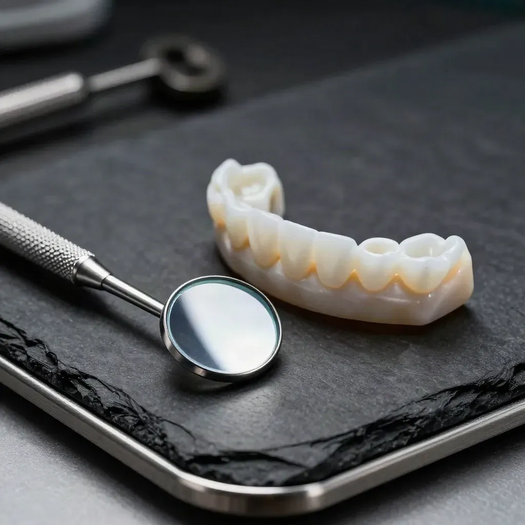Dental tools with crown and bite model on dark slate, lit in extreme macro detail.