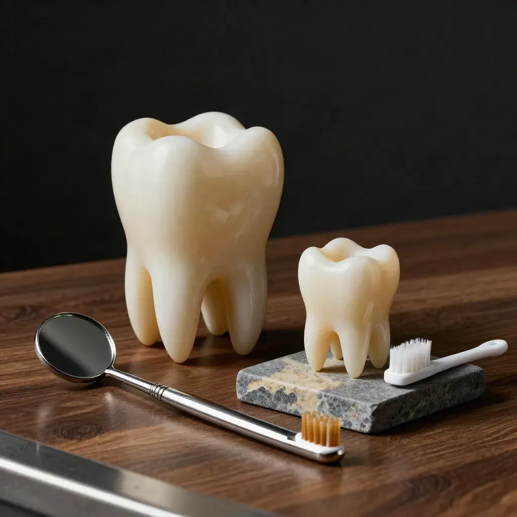 Resin adult and child tooth models with mirror, brush, and toothbrush heads on stone