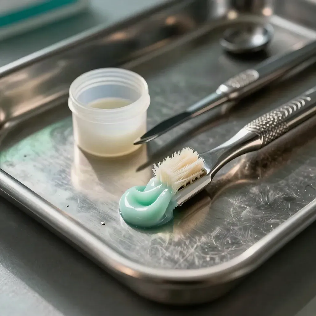 Macro of dental scaler, prophy brush, polishing cup and mint paste on a steel tray.