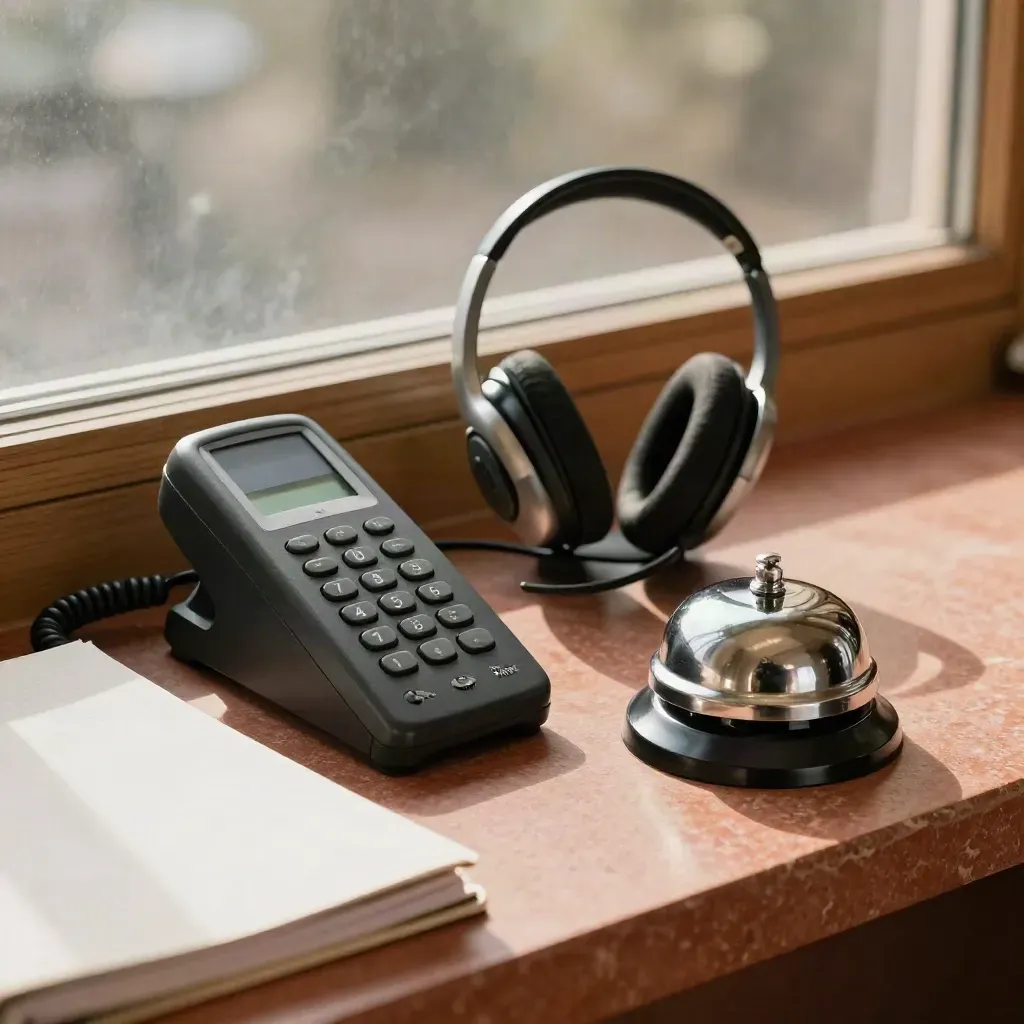 Reception still life with phone, headset, bell, and binder in warm clinic light.