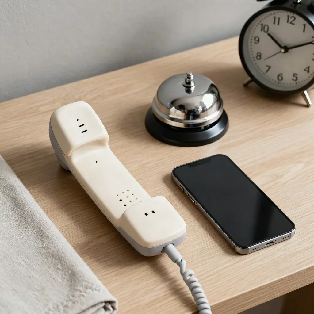 Top-down still life of a phone handset, reception bell, smartphone and clock on pale wood.