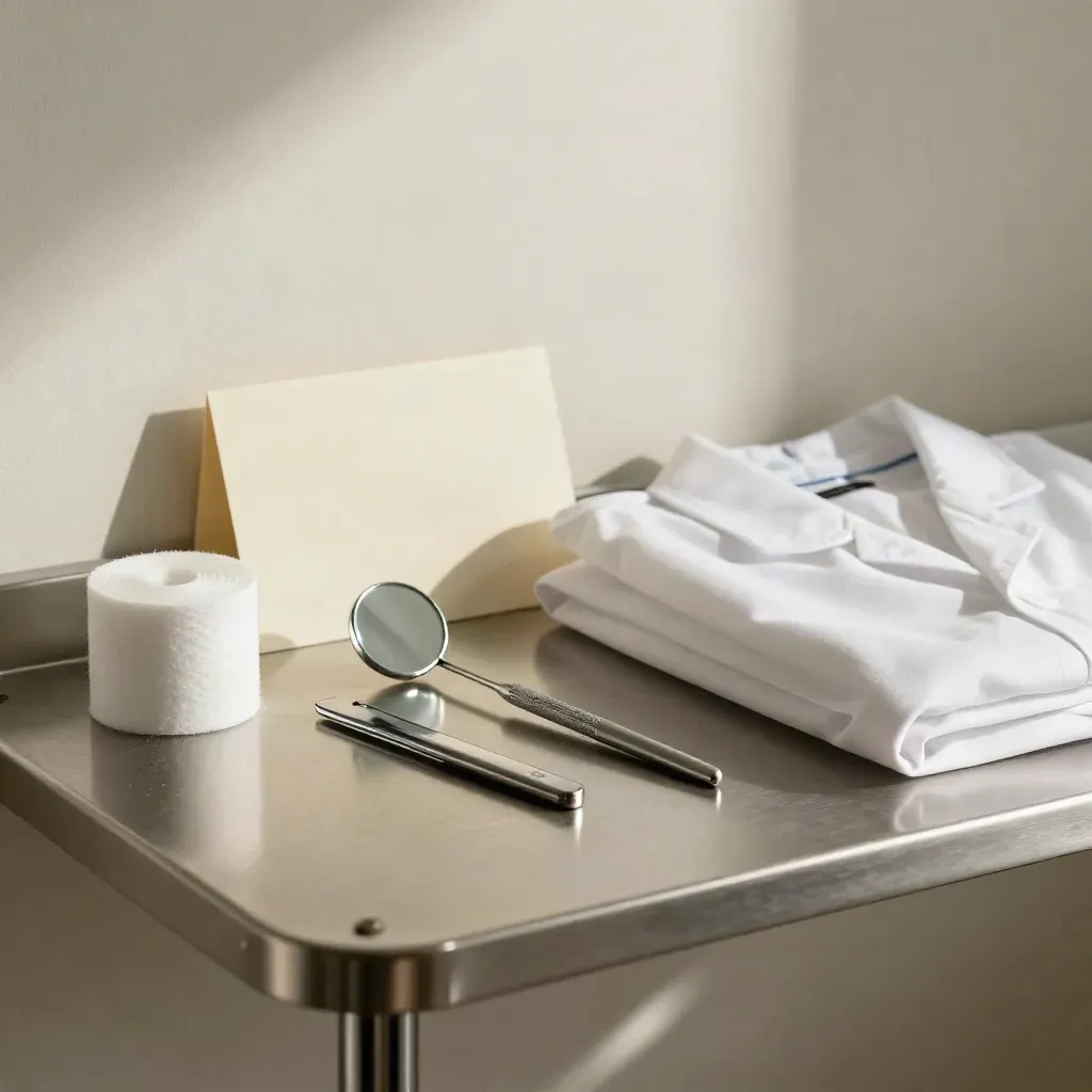 Dental instruments on a brushed-steel shelf with soft light and a folded coat collar.