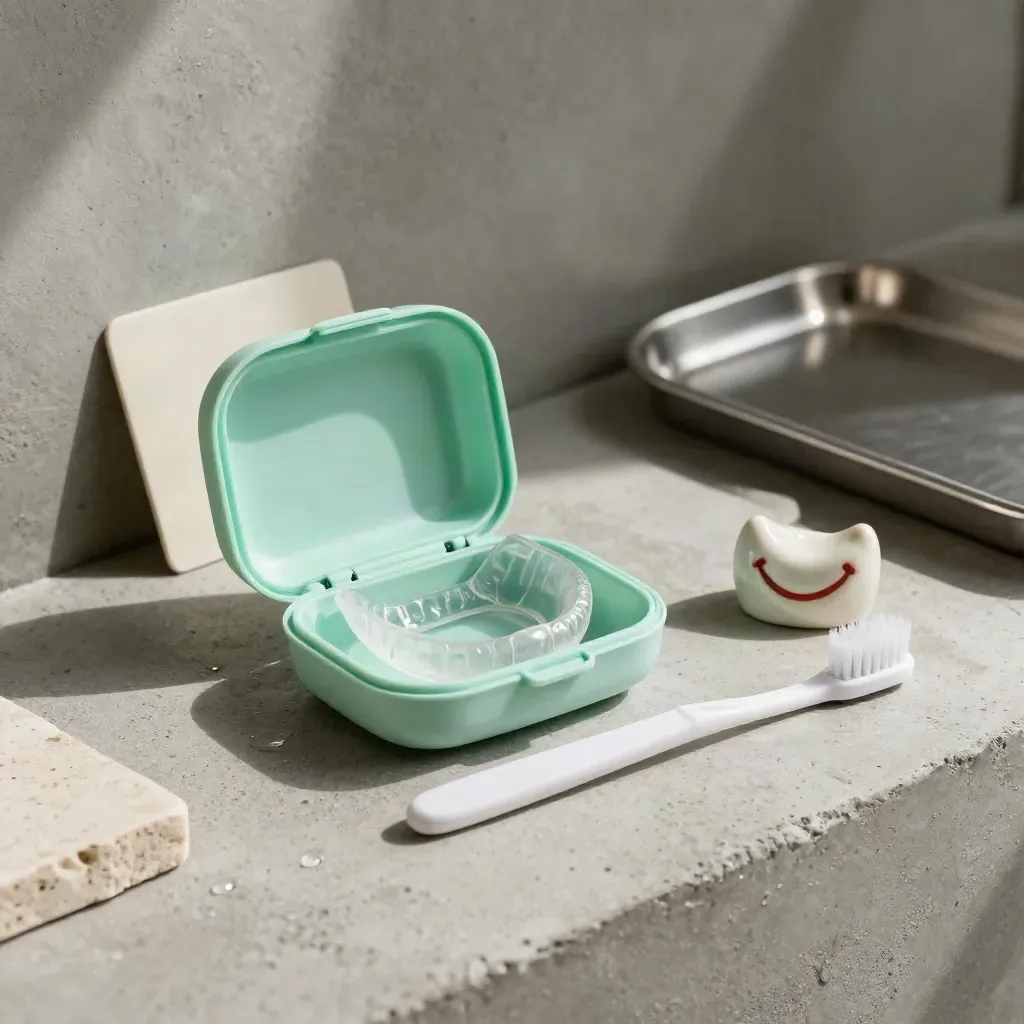 Dental post-care kit with retainer case, whitening trays, toothbrush, and ceramic smile sculpture.