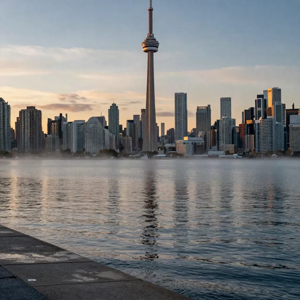 Toronto skyline and CN Tower over calm waterfront at golden hour haze