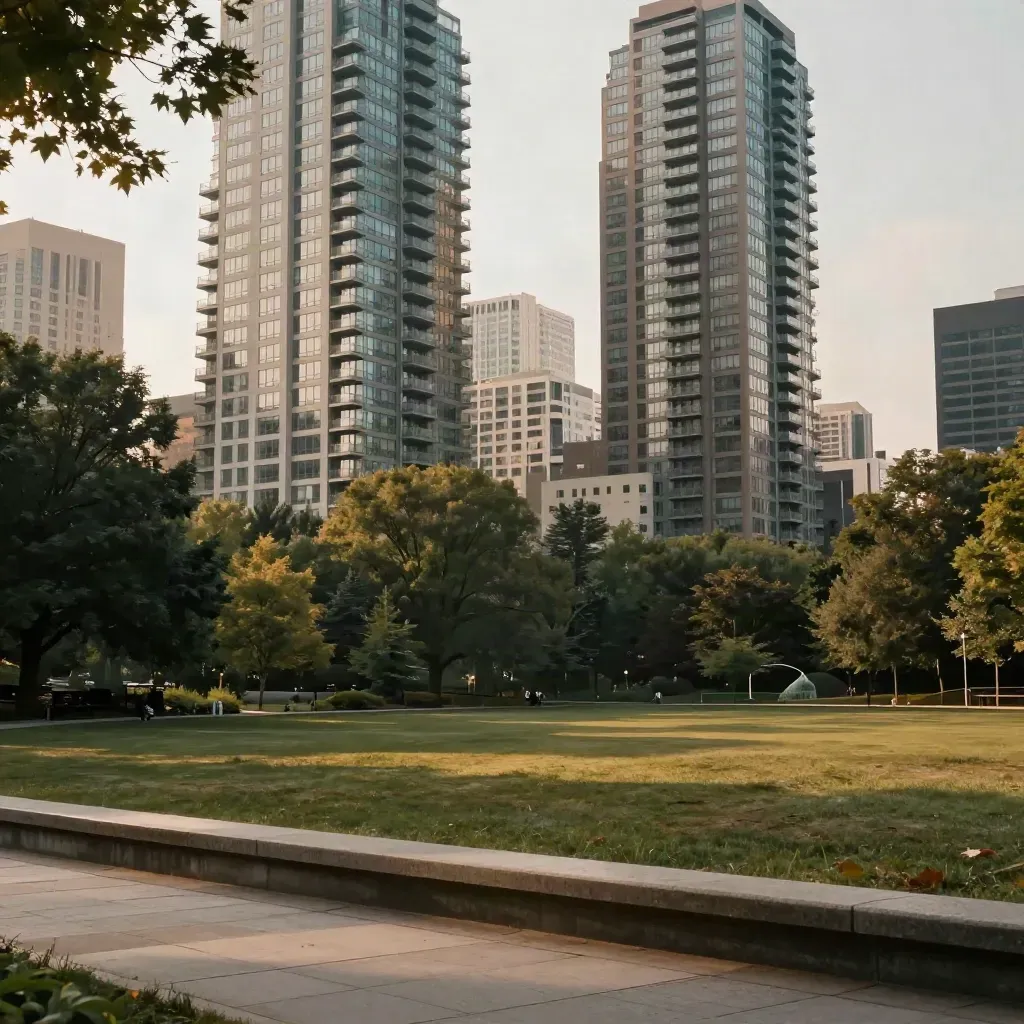 North York towers above a hazy park basin at golden hour, with calm open lawn below.