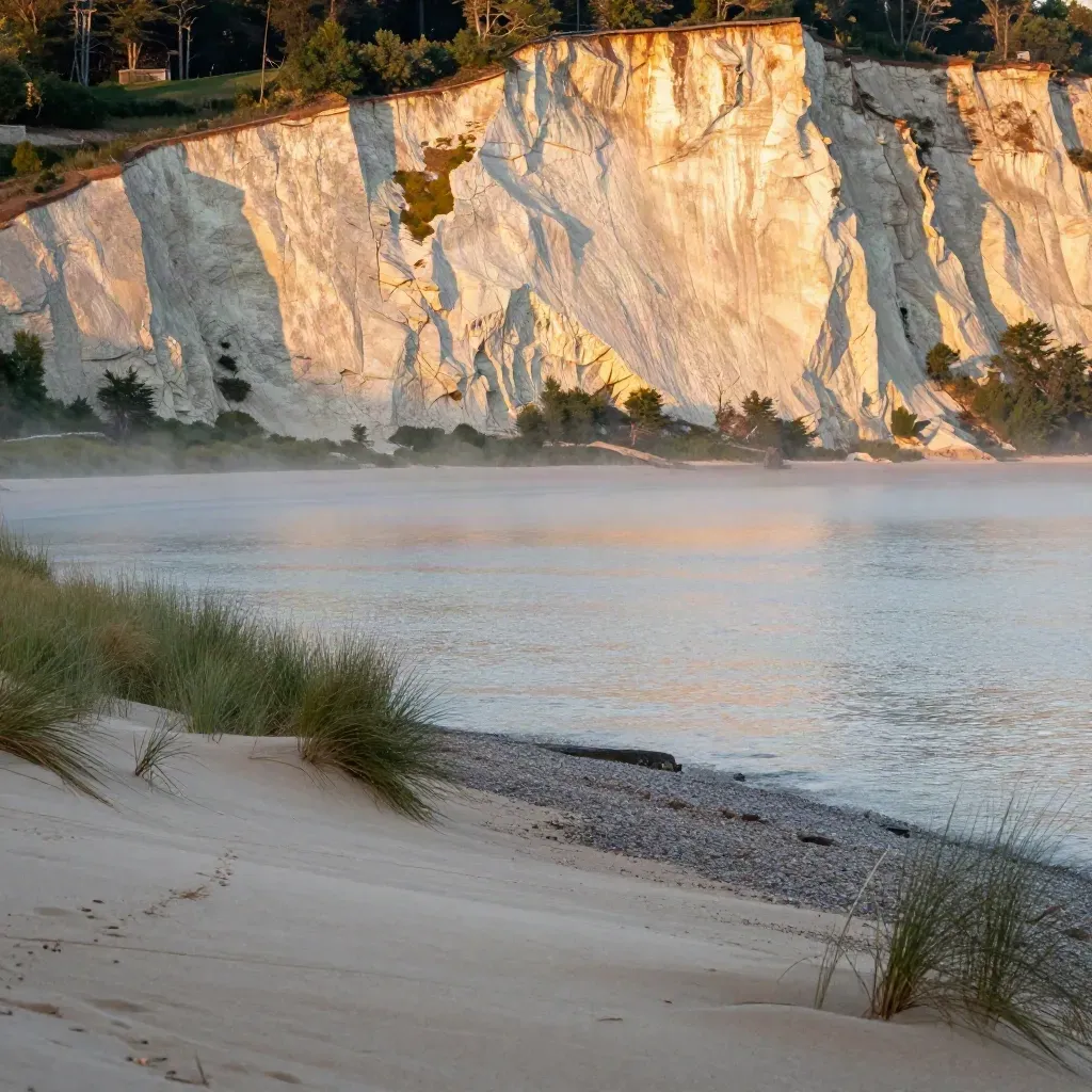 Golden Scarborough Bluffs glowing above a calm misty Lake Ontario shoreline.