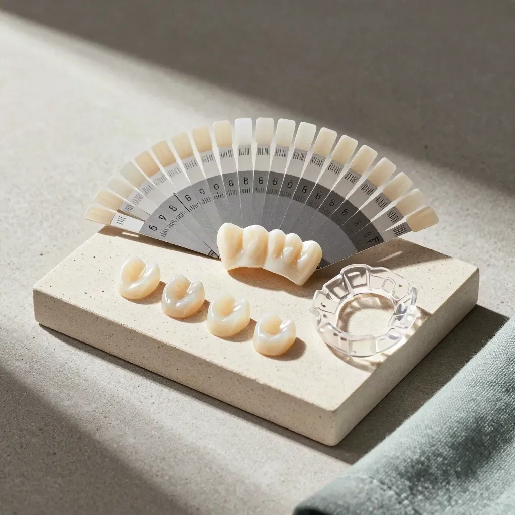 Dental tooth model, shade guide, resin caps, and aligner tray on stone with soft daylight.
