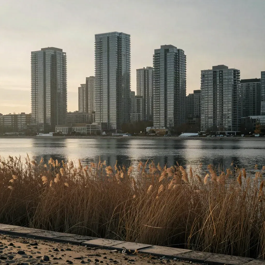 Etobicoke waterfront towers above reeds and still Humber water in warm haze.
