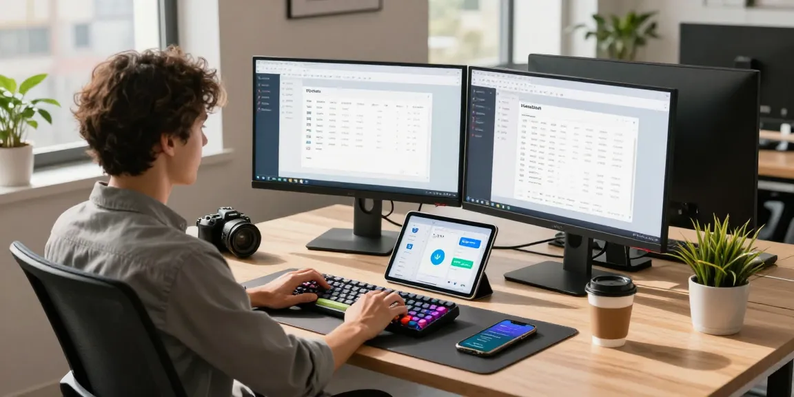 Professional workspace with software engineer using WPS Download tools on dual monitors, showcasing productivity.