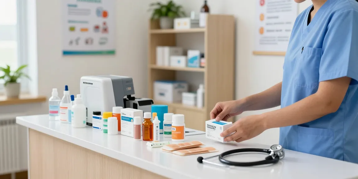 Medical supplies organized by a healthcare professional in a bright clinic setting, showcasing essential items for patient care.