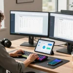 Professional workspace with software engineer using WPS Download tools on dual monitors, showcasing productivity.