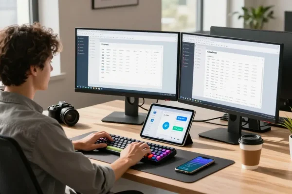 Professional workspace with software engineer using WPS Download tools on dual monitors, showcasing productivity.