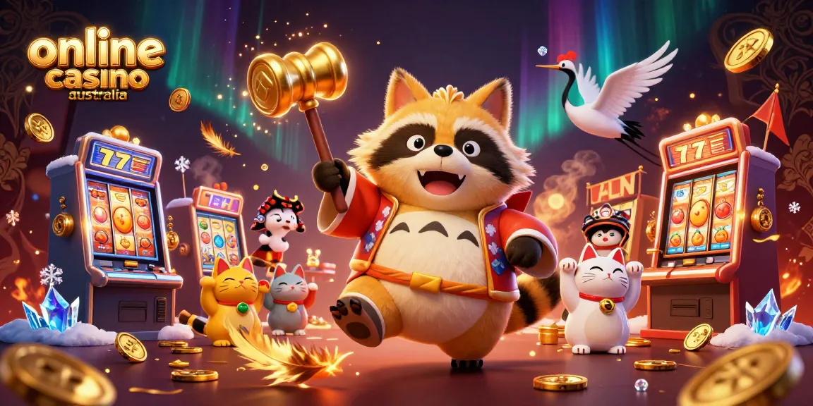 Experience vibrant online casino Australia action with a cheerful tanuki and fortune cats.