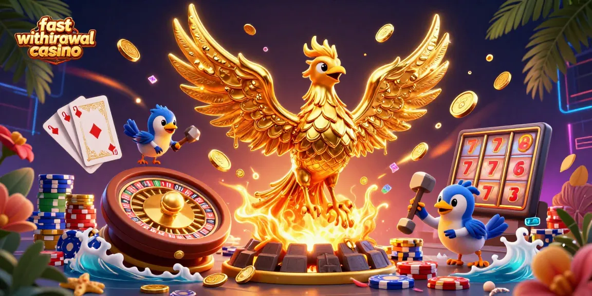 Experience a fast withdrawal casino with a golden phoenix amid countless coins and captivating game elements.